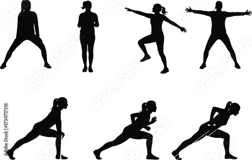 Silhouette women exercising in different fitness poses including stretching, running, lunges, warm-up and strength training, workout illustration vector.