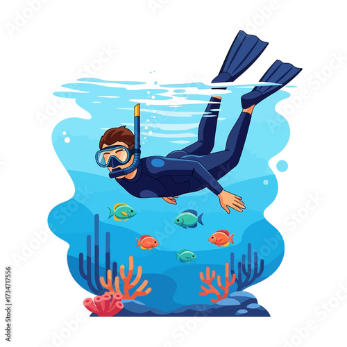 A person snorkeling underwater with colorful fish and coral reefs illustration.