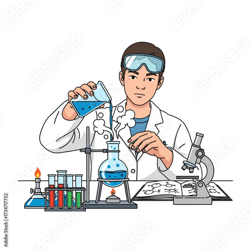 A male scientist conducting a chemistry experiment in a laboratory, pouring blue liquid into a heated flask.