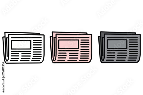 Vector art of newspaper icon set in outline, pink, and gray includes news, paper, and journalism icons for media, information, and current events themes