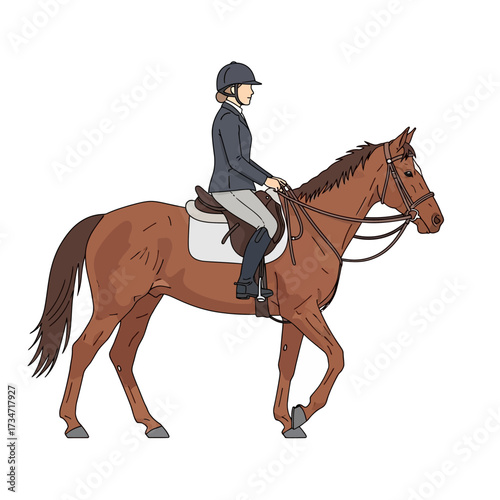 Side view of a person in equestrian gear riding a brown horse, walking calmly.