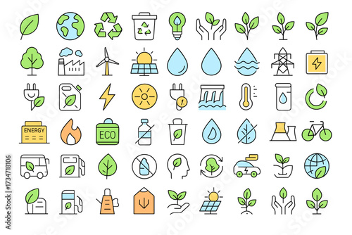 Collection of 30 colored linear vector icons dedicated to ecology, environment protection, and sustainable development.
