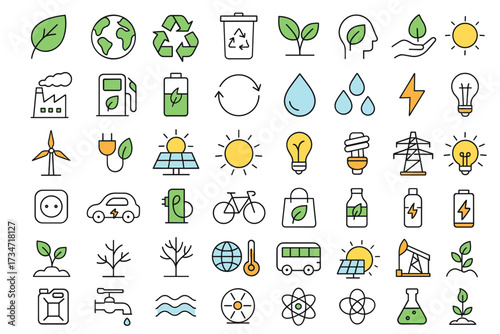 Climate Change and Eco Sustainability Icons Set — Global Warming, Recycling, Renewable Energy, Environmental Protection