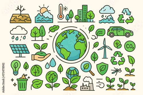 Climate Change and Eco Sustainability Icons Set — Global Warming, Recycling, Renewable Energy, Environmental Protection
