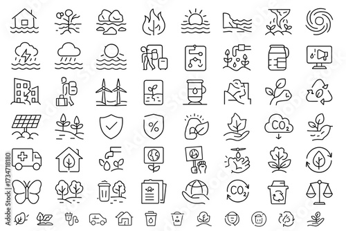 Climate Change and Sustainability Linear Icons — Environment, Renewable Energy, Global Warming