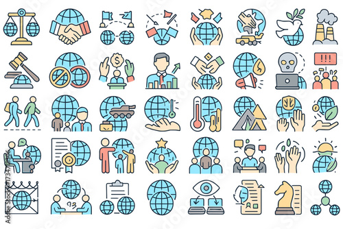 Global Politics and Diplomacy Icons Set — International Relations, World Peace, Law, Economy, and Communication