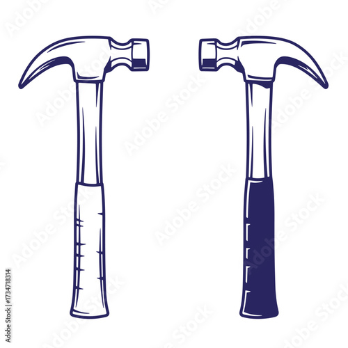 Two detailed illustration of a claw hammer tool in different color styles