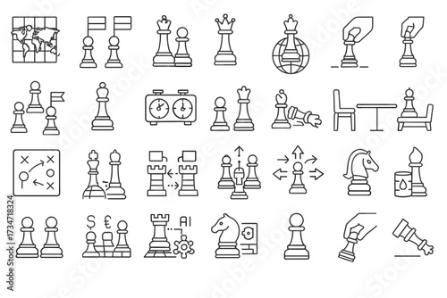 Chess Strategy and Tactics Linear Icons Set — Board Game Pieces, Checkmate, Timer, Moves, and Strategy Illustrations