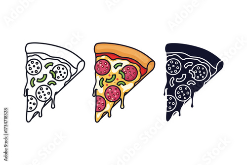 Vector art of pizza slice icon set featuring a delicious slice of pizza, representing food, italian cuisine, and fast food indulgence