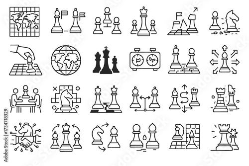 Chess Strategy and Tactics Linear Icons Set — Board Game Pieces, Checkmate, Timer, Moves, and Strategy Illustrations