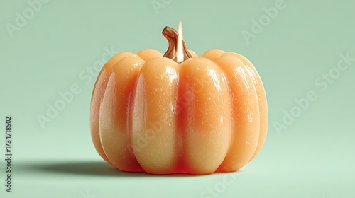   A close-up of an orange pumpkin on a green background with water droplets on top