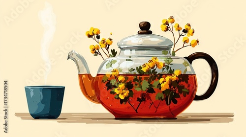  A teapot with yellow flowers and a cup of tea on a table