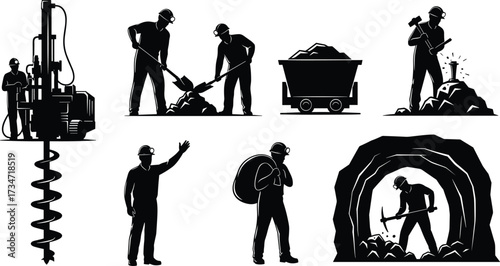 Mining workers silhouettes, drilling machine operation, shoveling material, pickaxe labor, mining cart transport, tunnel excavation, heavy industry, minerals extraction, quarry, mining illustration
