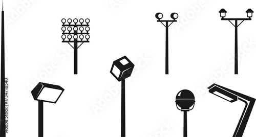 Vector illustration of street light pole silhouettes with unique lamp post designs, urban outdoor lighting fixtures, and contemporary night illumination.