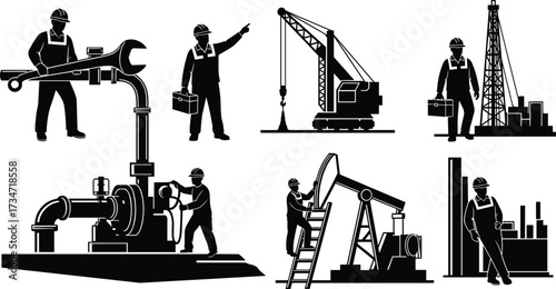 Oil and gas workers silhouettes, drilling rig maintenance, pumpjack inspection, crane operation, toolbox carrying, industrial equipment, petroleum industry, refinery, energy illustration