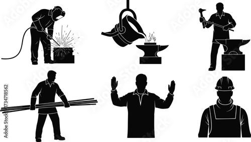 Industrial workers silhouettes, welding torch, molten metal casting, blacksmith hammering, carrying rods