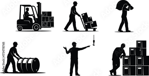 Industrial workers silhouettes, forklift operator, hand truck pushing, carrying sack, rolling barrel, signaling with hook, stacking boxes, warehouse logistics illustration