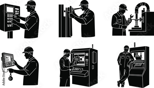 Industrial silhouettes, machinery operation, control panel monitoring, engineering inspection, maintenance work, CNC programming, factory 