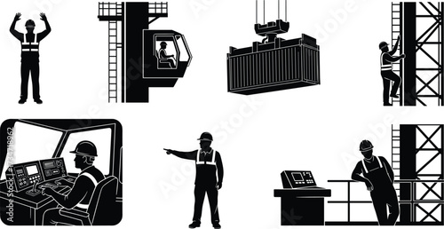 Construction silhouettes, industrial workers, crane operation, safety vest, control panel monitoring, structural inspection, heavy lifting, engineering teamwork, building site, labor force