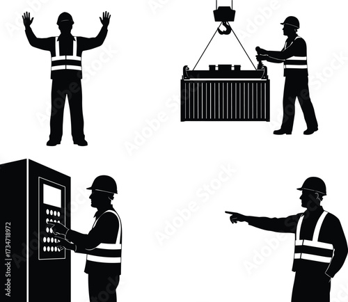 Construction workers silhouettes, crane operation, safety vest, industrial teamwork, control panel monitoring, heavy lifting, engineering industry, building site, labor force, infrastructure