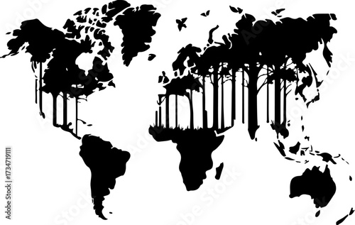 World Map Depicting Forest Silhouette Conservation and Environmental Awareness Concept