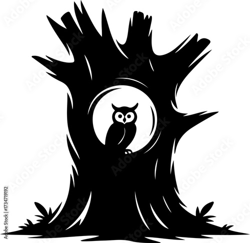 Stylized Owl Silhouette in a Hollow Tree