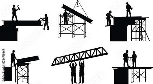 Construction worker silhouettes on scaffolding, crane lifting beams, teamwork building structure, hammering, pointing, guiding, truss lifting, industrial safety, collaboration illustration