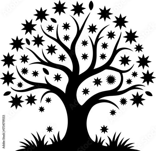 Decorative black and white graphic illustration of a celestial wish tree with stars growing on its branches