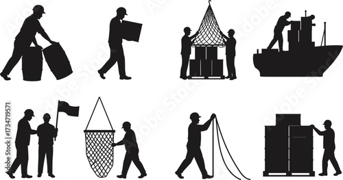 Dock worker silhouettes, port cargo handling, barrel pushing, box carrying, crane loading, teamwork, shipping, freight, logistics, maritime supply chain