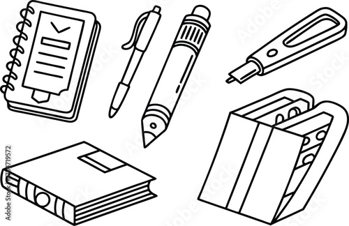 Black sketch vector illustration set of business stationery icons, school paper tools, and art collection symbols