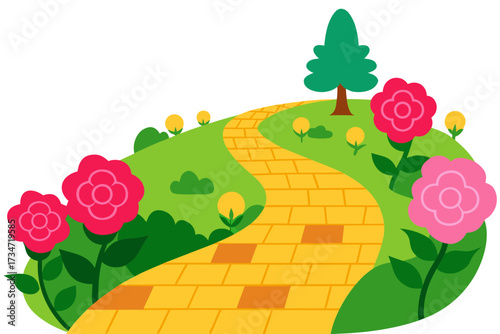 a brick pathway winds through a vibrant garden ove