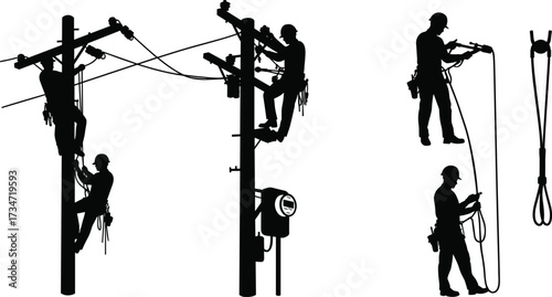 Utility worker silhouettes, electrical pole maintenance, power line repair, safety harness, teamwork, electricity infrastructure, cable handling, inspection, energy, distribution