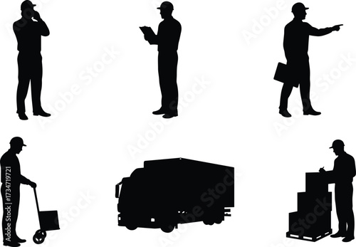 Logistics worker silhouettes, warehouse staff with clipboard, delivery truck, pallet stacking, hand truck, supply chain management, shipping, cargo, distribution, transportation