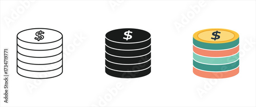 Stack of coins icons in outline, solid black, and colorful layered design with dollar sign money