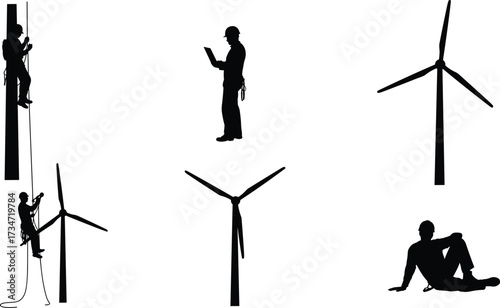 Wind turbine worker silhouettes climbing, inspecting, rope access maintenance, renewable energy, safety helmets, industrial labor, green power, black vector illustration