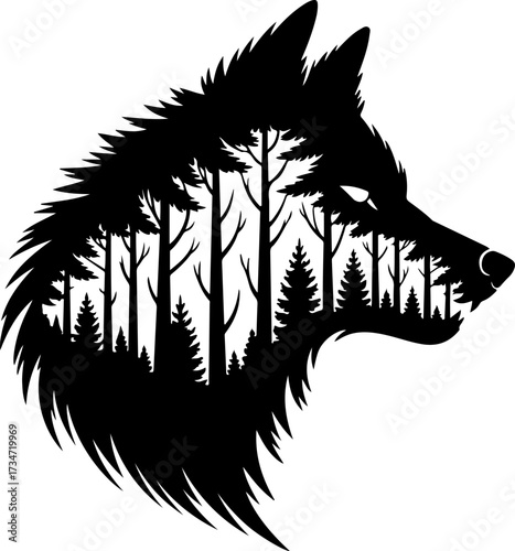 Creative double exposure effect of a wolf head silhouette with a dense pine forest landscape inside. Vector art