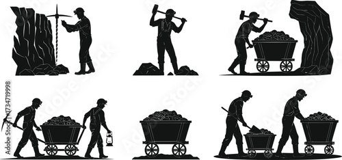 Mining worker silhouettes with pickaxe, shovel, cart, teamwork, underground labor, coal extraction, heavy tools, industrial occupation, black vector illustration