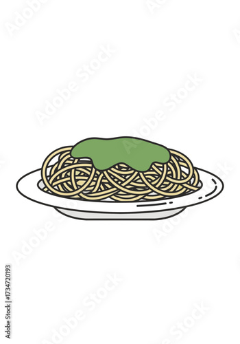 Minimalist Flat Vector Illustration of Spaghetti With Pesto