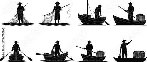 Silhouettes of traditional fishermen casting nets, rowing boats, collecting baskets, fishing in river, rural lifestyle, seafood harvest, Asian culture.