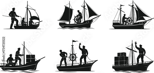 Silhouettes of sailors on vintage fishing boats, maritime workers at sea, nautical shipping scenes, marine transportation, seafarers in action.