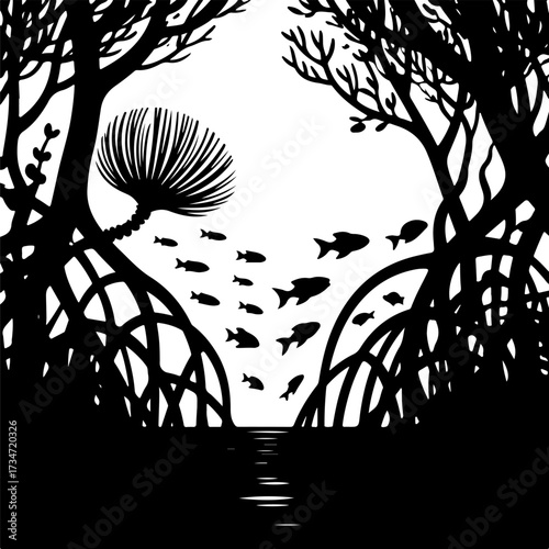 Monochrome vector illustration of a mangrove forest silhouette with a school of fish and aquatic life