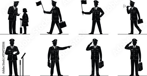 Silhouette illustration of airport security officer, pilot, and uniformed personnel with suitcase, flag, salute, inspection, announcement, travel, control