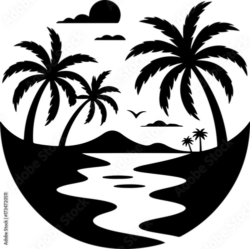 Black and white tropical island vector design with palm trees, winding river, and distant mountains