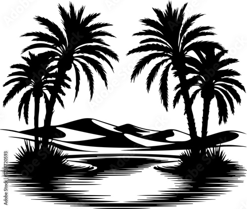 Silhouette Oasis Palm Trees, Dunes and Water Illustration