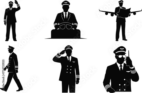 airline, pilot, silhouette, aviation, uniform, cockpit, salute, communication, map, walking, safety, authority, profession, occupation, vector