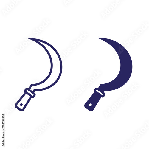 Two simple illustrations of a sickle agricultural tool representing harvesting and agriculture