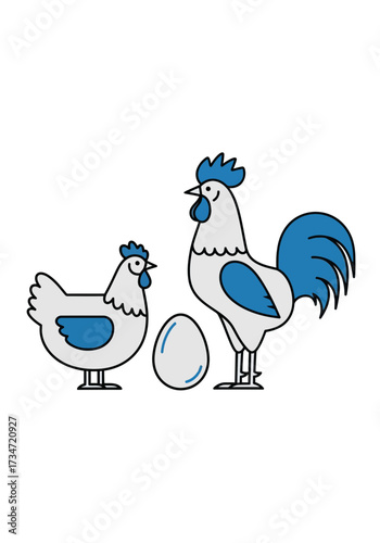 Cute Minimalist Hen Rooster and Egg Vector Illustration
