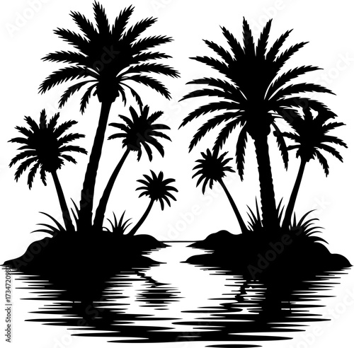 Palm silhouettes reflecting in water at dusk create a serene tropical scene