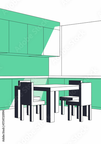 Minimalist Modern Interior Kitchen Dining Room Vector Illustration