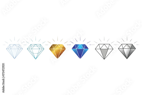 Vector art of collection of diamonds in various styles and colors, including line art, gold, blue, and grayscale, representing luxury, value, and precious gemstones